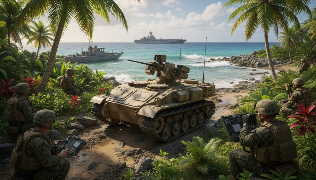 le corps des marines américain teste un nouveau véhicule d'attaque au sol télécommandé en immersion à porto rico, explorant des technologies avancées pour les opérations militaires.