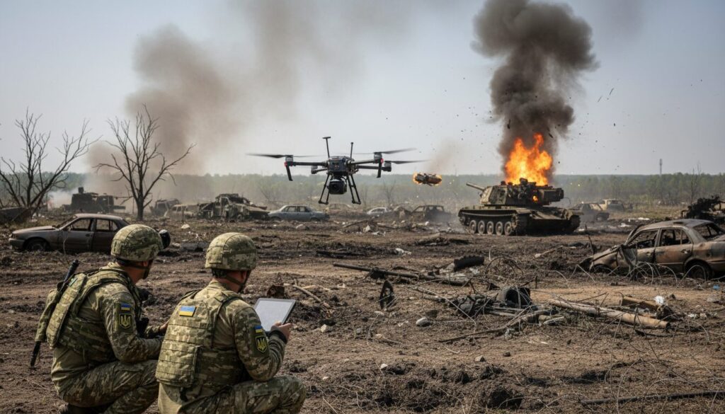 dans la région de donetsk, les forces ukrainiennes utilisent un drone pour neutraliser un canon automoteur russe, marquant une opération stratégique clé.