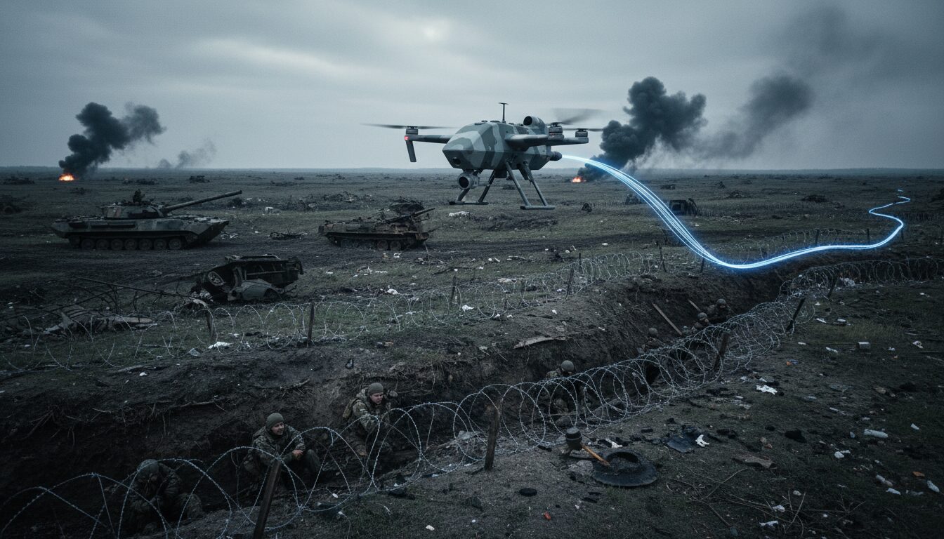 découvrez comment un drone russe a réussi à franchir les lignes de front en ukraine en utilisant un câble de fibre optique, illustrant les nouvelles tactiques technologiques dans le conflit.