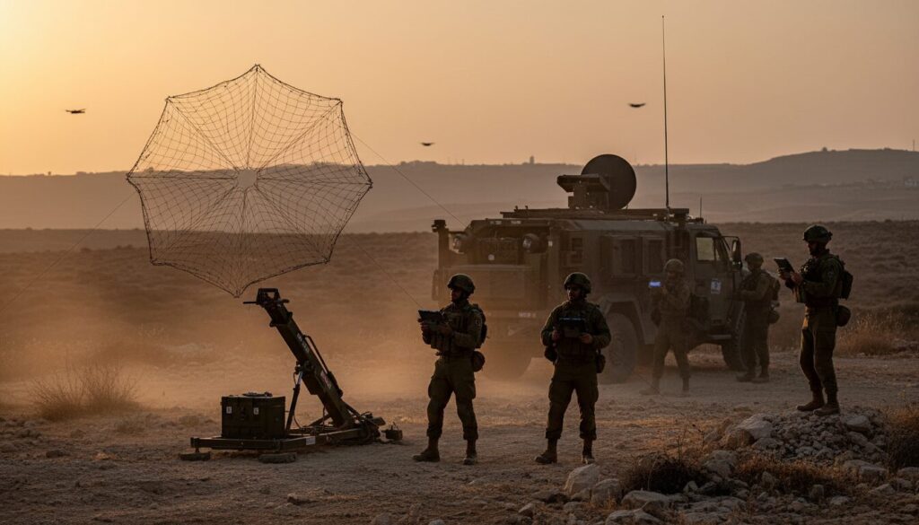 israël intensifie sa sécurité au liban en déployant des filets anti-drones fpv pour neutraliser les menaces aériennes dans le contexte du conflit au moyen-orient.