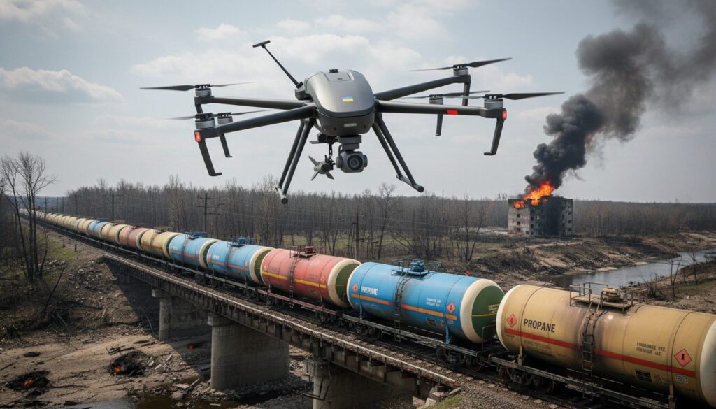 conflit en ukraine : des drones ukrainiens ciblent un train transportant du propane dans la région, intensifiant les tensions et les risques pour les infrastructures civiles.