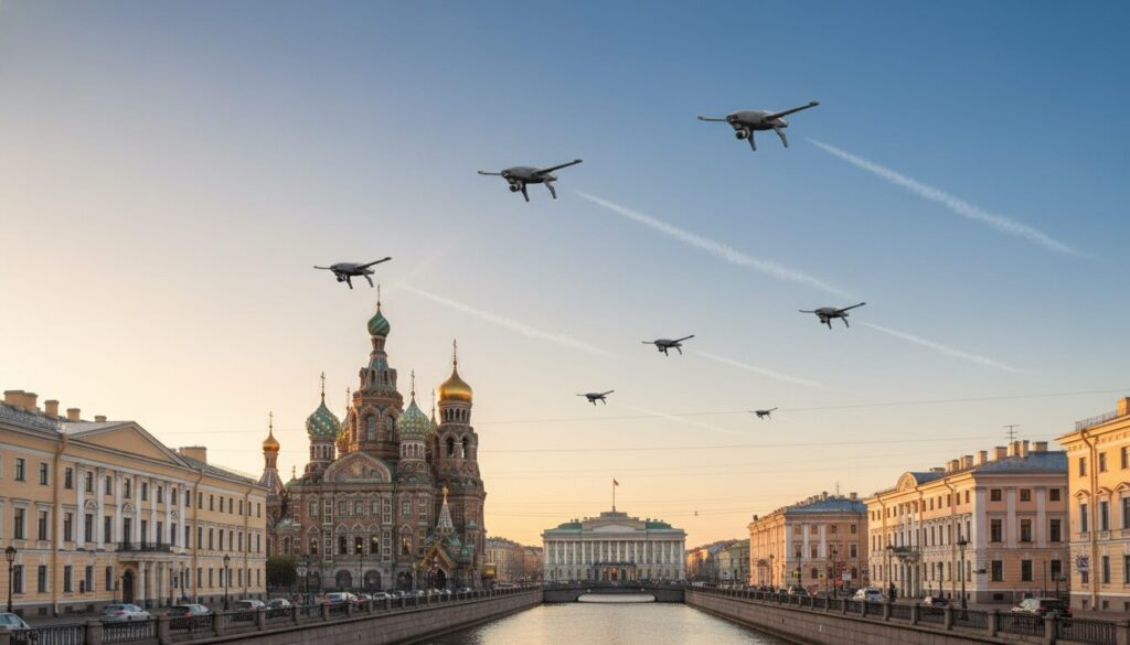 saint-pétersbourg ciblée par des attaques de drones ukrainiens lors de l'ouverture d'un forum économique international en russie, suscitant des tensions accrues dans la région.