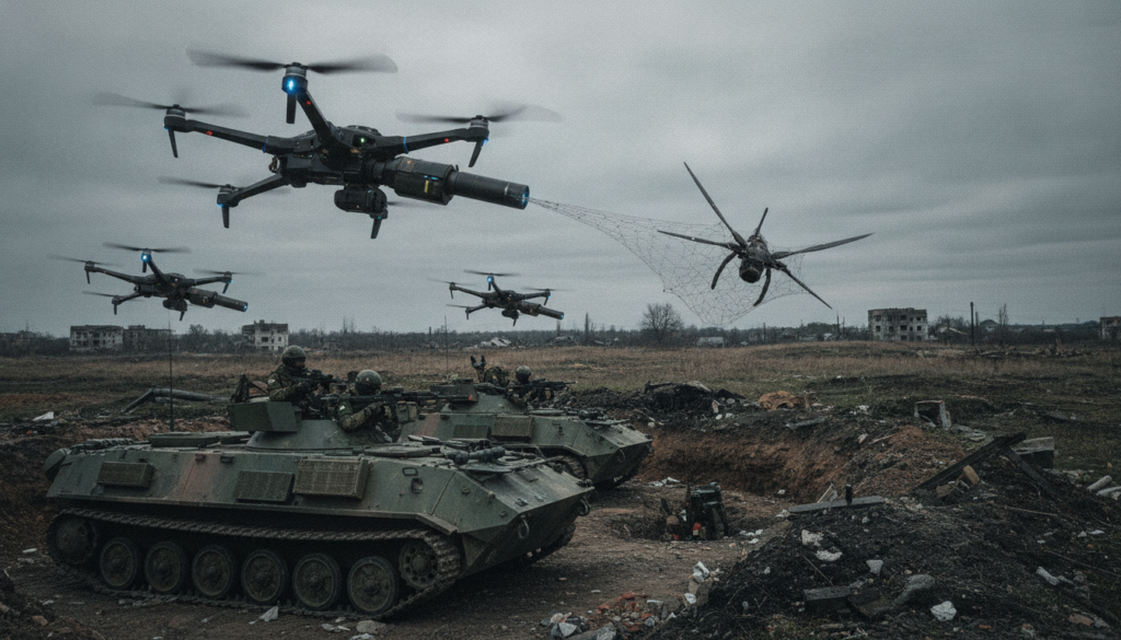 découvrez comment les forces russes utilisent des drones équipés de canons à filets pour neutraliser les appareils ennemis dans le conflit en ukraine.